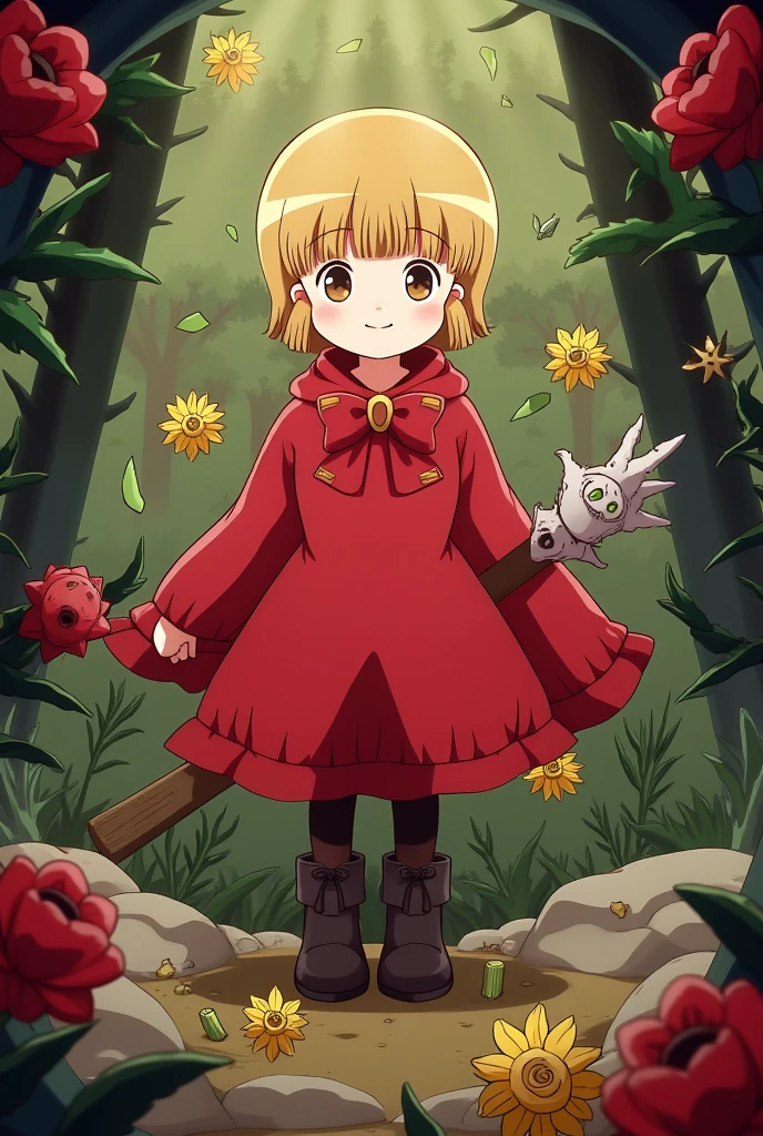 1girl,short hair,blonde hair,red gothic clothes,red flowers,yellow flowers,thistles, thorns,forest,(gloomy,no light),(in cage),big red bowknot,(full body,wide shot,panorama), mfotou, backlight,watercolor
