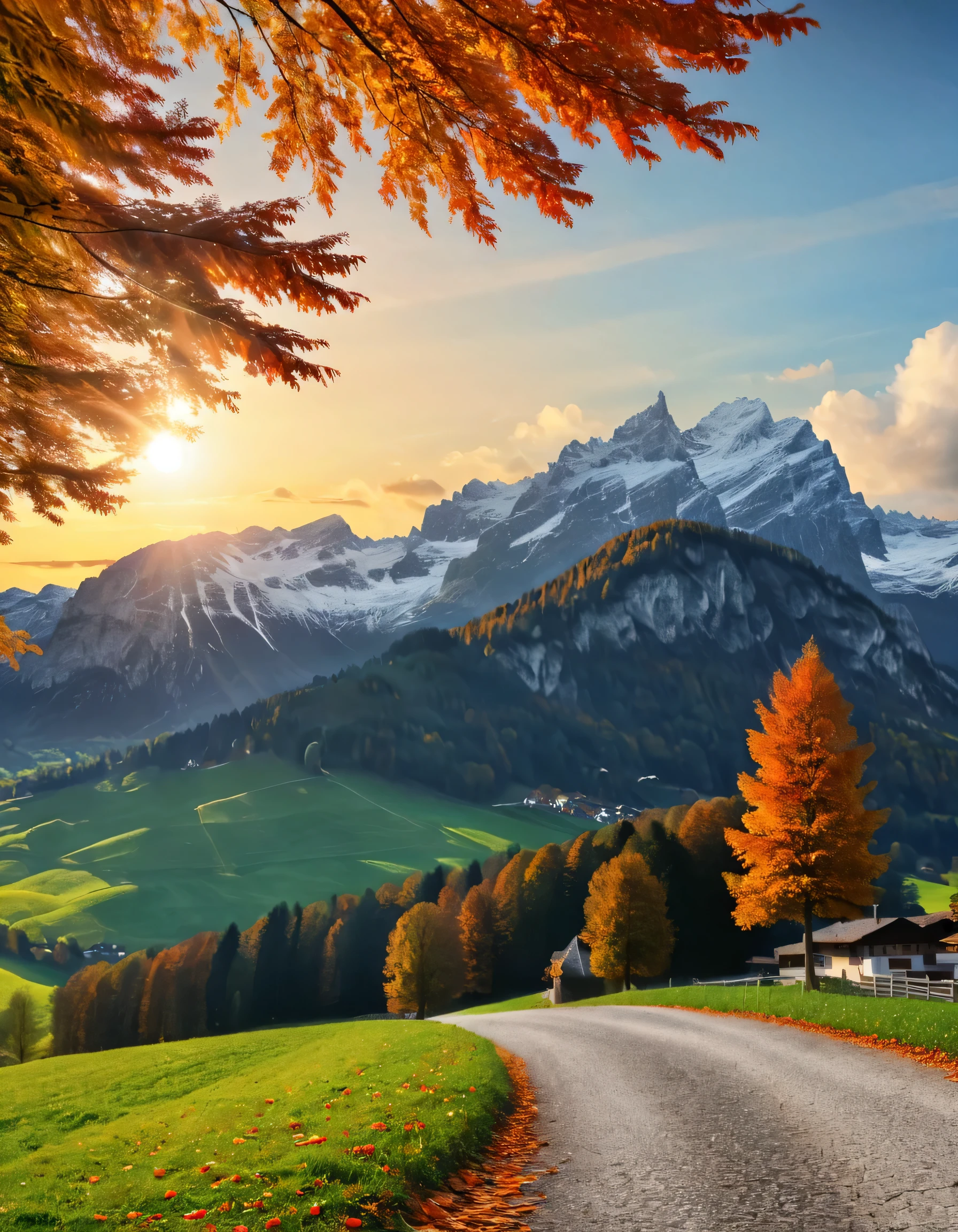 beautiful sunrise on an austrian village with nature, lifelike and very realistic, autumn, 8k, very textured, very detailed, (best quality, 4K, 8k, highres), ultra-detailed, Studio lighting, extremely detailed, warm shades, (ultra clarity), Top quality , detailed backgrounds, very detailed floor, very detailed trees, very detailed and lifelike mountain, unedited photo, HDR, hyper realistic, lifelike texture