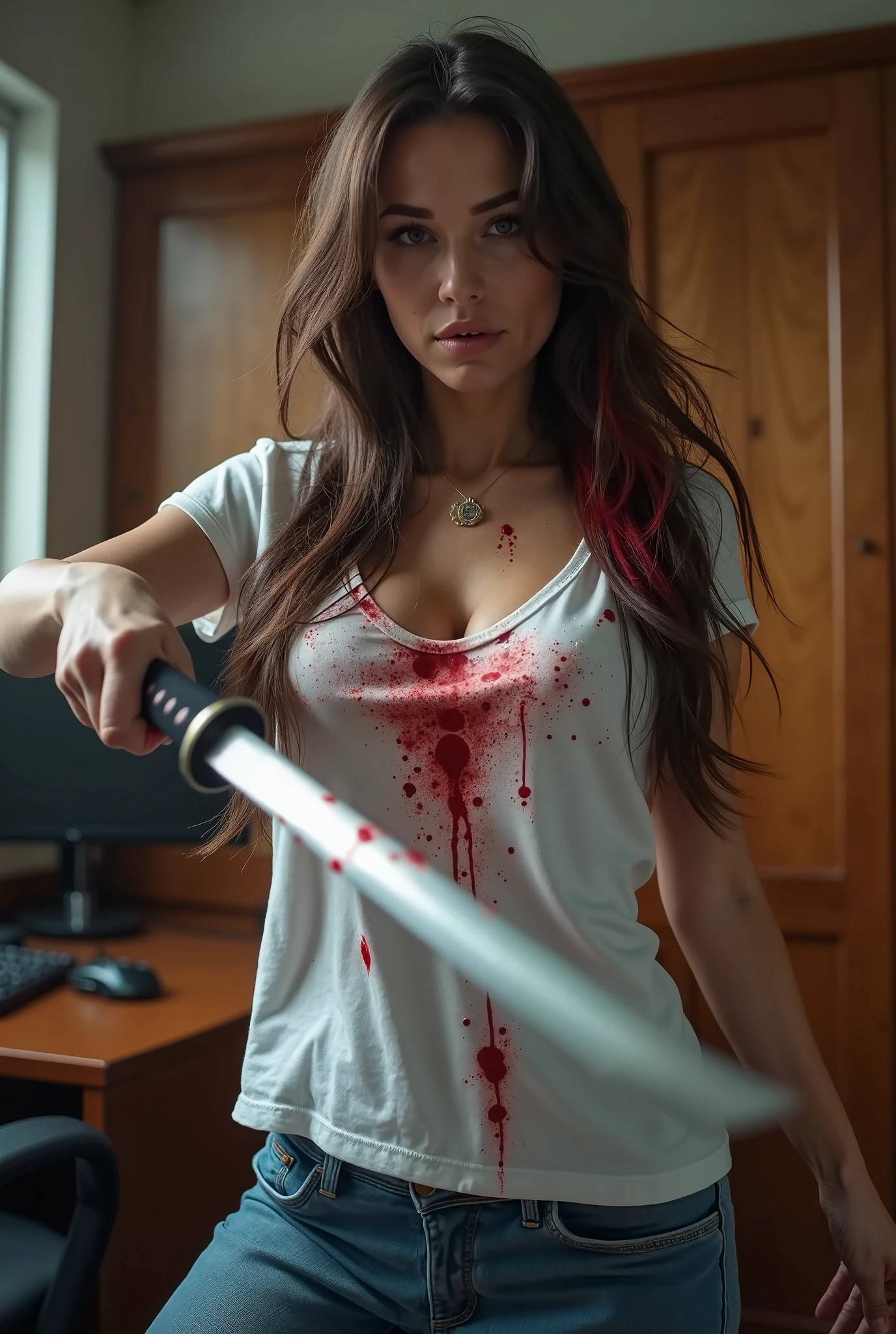 Silent Hill Nurse, 1girl, hat, big round nude breasts, nude vagina, faceless female, weapon, blood, mask, knife, faceless, nurse cap, holding knife, nurse, no eyes, horror, (( full nude tonned body))