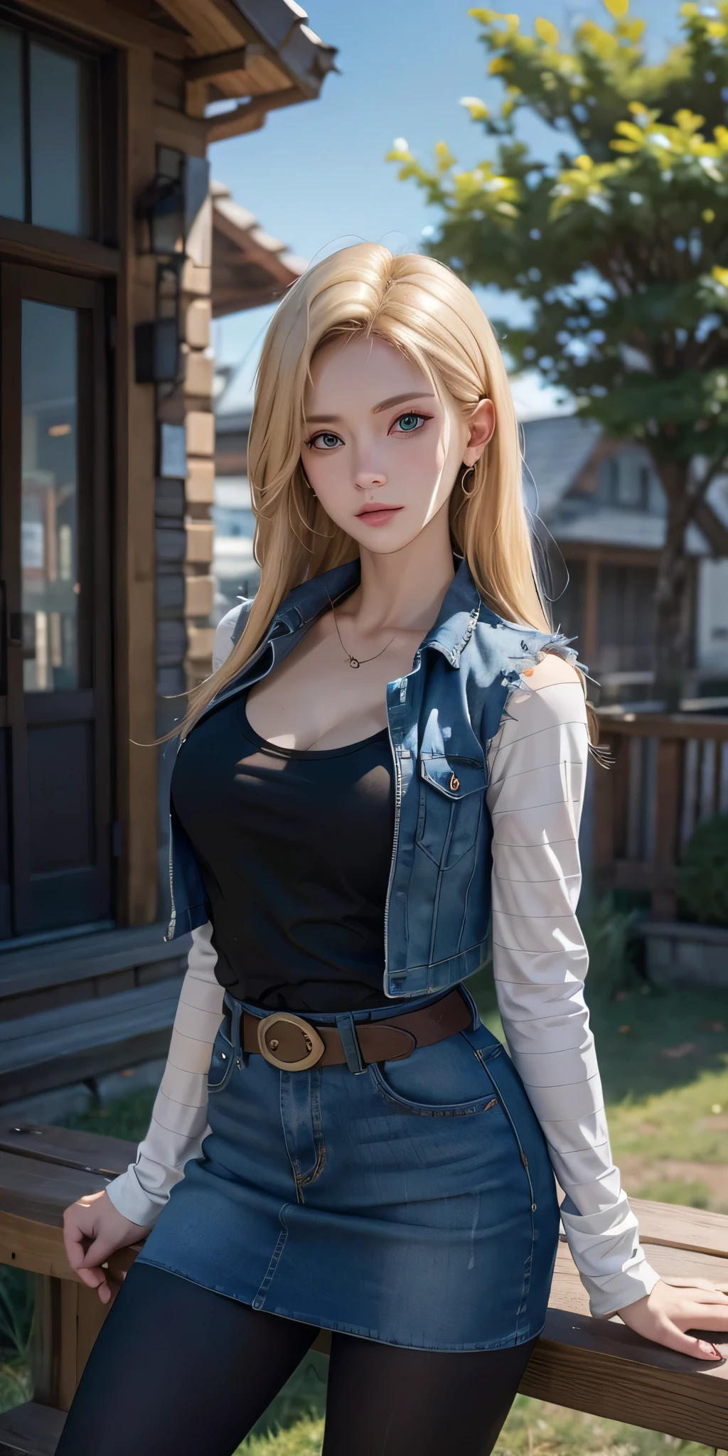 Blond woman in denim skirt and Black T-shirt with high cleavage shirt standing in front of the window, Young beautiful amouranth, hyper realistic anime, seductive anime girl, perfect android girl, photorealistic perfect body, realistic anime 3d style, beautiful blonde girl, beautiful alluring anime woman, hyperrealistic schoolgirl, sexy look, cyberpunk 2 0 y. o model girl, attractive anime girl, Android 18 solo, Light Blonde hair, Blue Transparent eyes of Slavic Caucasians, The flash in the eyeballs is brilliant, Wearing round earrings, Tight Long sleeves with black stripes on a white background, Blue denim mini vest, Blue denim mini skirt, The denim skirt's zipper seam line and stitching run vertically straight to the bottom of the skirt, Open-chested denim vest, Large breasts, Women's Western Cowboy Belt, Brown see-through pantyhose, Western short boots, Looking at viewer, Her whole body is visible on the screen, Her entire body is visible on the screen, from her head to her boots, On a bench, Slight smiling with closed lips standing next to bench , Blue sky, , outside, park, grass, Summer, trees, blue sky, high quality, masterpiece,