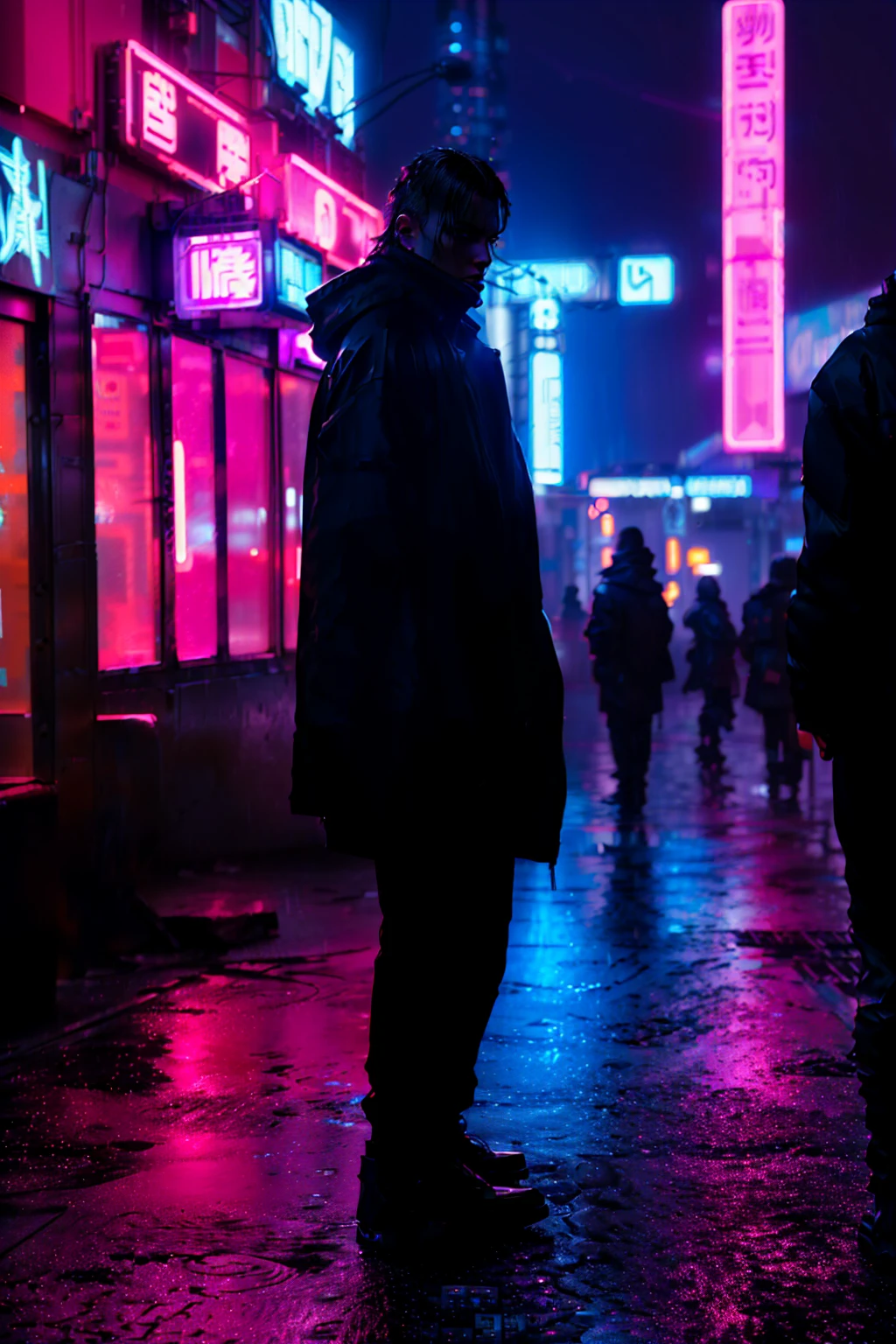  person standing on sidewalk in the rain at night 々,  Neon Rain Cyberpunk Setting, Blade Runner vibes,  dark cyberpunk dazzling neon :1.2, Colorful neon lights:1.2, The city that never sleeps:1.2, neon atmosphere ,  cyberpunk night town ,  cyberpunk with neon lights,  cyberpunk street at night ,  cyberpunk aesthetics , Futuristic Cyberpunk Tokyo Night, Defeated Technology. Neo Black Style,  cyberpunk lights ,  cyberpunk city night ,  cyberpunk vibe, A futuristic cyberpunk city,  cyberpunk aesthetics s, (((UHD, masterpiece, super detail, high details, high quality, best quality,  highres icon, 8k)))