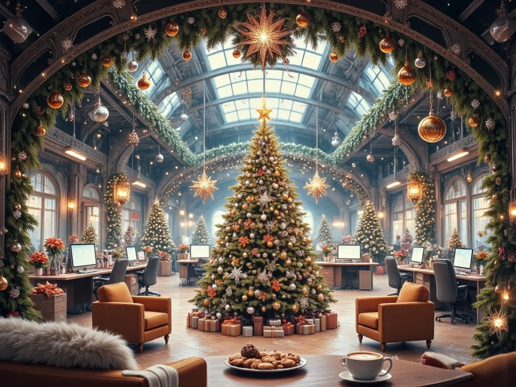 Panorama picture, high wide, large office of an IT company, decorated for Christmas, with a large Christmas tree in the center, decorated with baubles in orange, white and silver, festive decorations such as garlands, wreaths, fairy lights, poinsettias and pine cones are scattered around the room, several workstations with laptops visible, in the foreground a cozy sitting area with comfortable armchairs, on the table is a plate with a selection of Christmas cookies, a simple white cup with steaming coffee, warm and festive atmosphere, very detailed and realistic, 1024x1080 format, 300 DPI