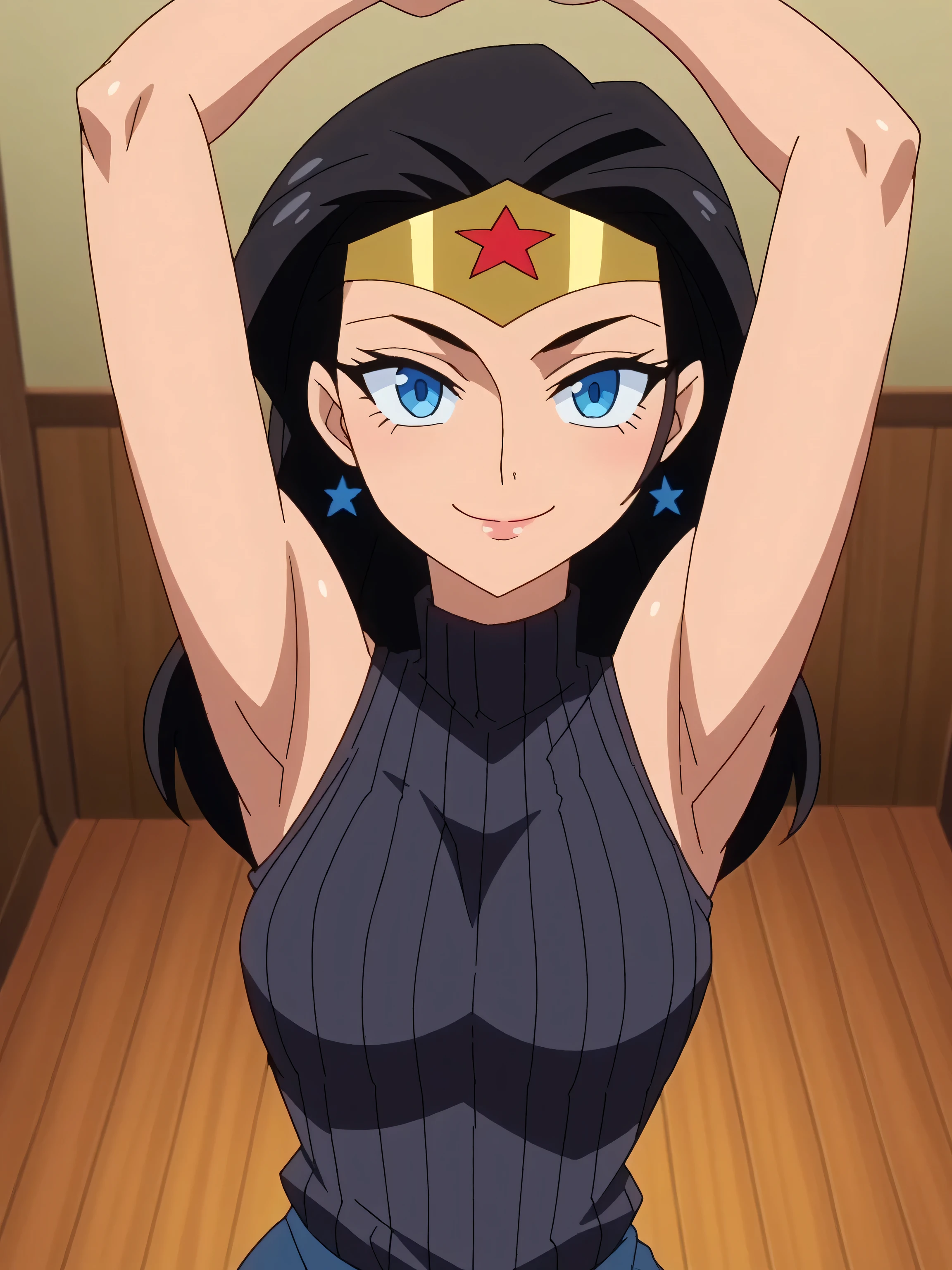 score_9, score_8_up, score_7_up, source_anime, anime screencap, 1girl, solo, diana prince, blue eyes, black hair, black sweater, sleeveless sweater, turtleneck sweater, ribbed sweater, blue eyes, arms up, raised arms, armpits, from above, looking at viewer, head towards viewer, smile, closed mouth, badhandv4, indoors 