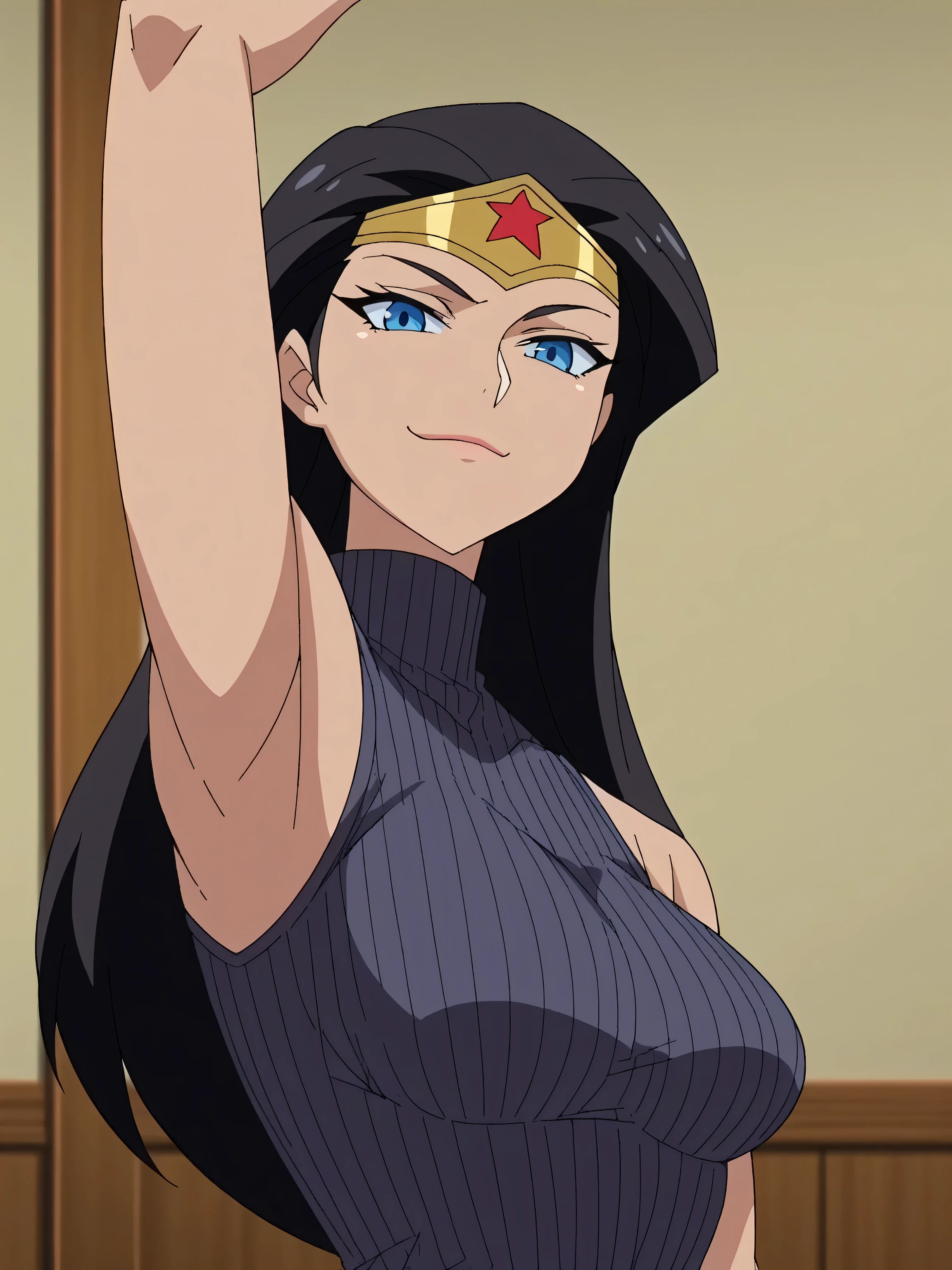 score_9, score_8_up, score_7_up, source_anime, anime screencap, 1girl, solo, diana prince, blue eyes, black hair, black sweater, sleeveless sweater, turtleneck sweater, ribbed sweater, blue eyes, arm up, raised arm, armpit, from side, looking at viewer, head towards viewer, smile, closed mouth, badhandv4, indoors 