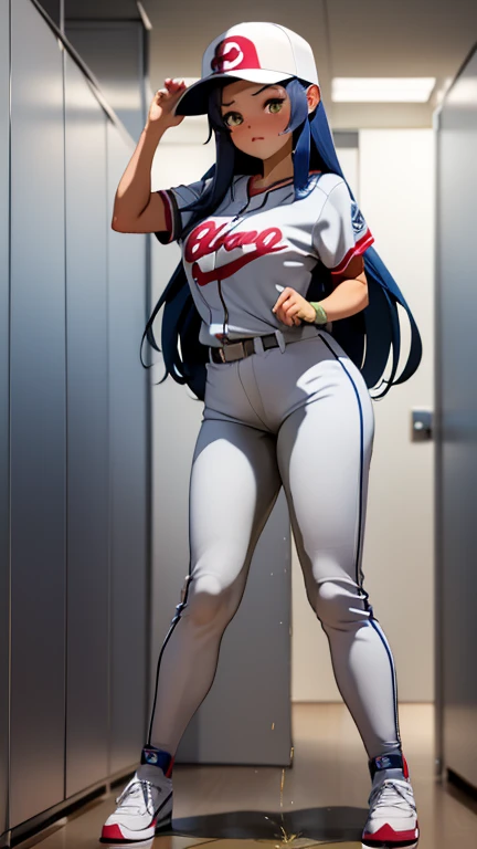 adult woman, slut, skimpy, very tall, big boobs, big butt, thick thighs, voluptuous body, slim waist, Baseball player, in the locker room, she is too tall for the small locker room, she is too tall too stand up straight, her head touches the ceiling, bumped her head on the roof, taller than the door, hunched over, she is too tall to make it through the door, White uniform, baseball cap, brown braids hair, curvy, thin waist, thigh gap, thick thighs, big butt, bubble butt, hands in the air, crotch visible, peeing self, wetting self, pee flowing into her pants, glistening pee stain on crotch, pee flowing from her crotch down her legs, giantess