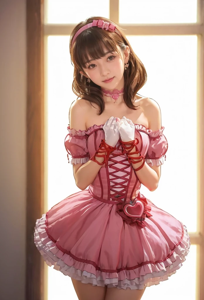 sakuma mayu,photorealistic,realistic,asian beauty,tall female,solo,pink dress,strapless,idolmaster cinderella girls,tareme,nsfw,cowboy shot,backlighting,short dress,heart corsage,frilled dress,hairband,heart ornaments,detached sleeves,short sleeves,bare shoulders,lace-trimmed choker,gloves,ribbon earrings,jewelry,blue eyes,cross-laced dress,bubble skirt,back bow,brown hair,indoors,shadow,sweat,head tilt, frilled dress,blush,embarrassed,smile,open mouth, blunt bangs,half closed eyes,