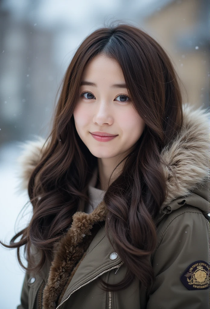 cinematic photo of an asian womanl, smile, snow, 35mm photograph, film, bokeh, professional, 4k, highly detailed