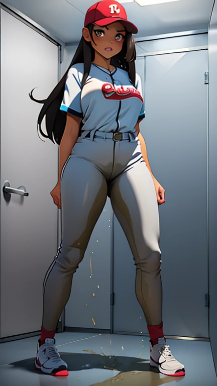 adult woman, slut, skimpy, very tall, big boobs, big butt, thick thighs, voluptuous body, slim waist, Baseball player, in the locker room, she is too tall for the small locker room, she is too tall too stand up straight, her head touches the ceiling, bumped her head on the roof, taller than the door, hunched over, she is too tall to make it through the door, White uniform, baseball cap, brown braids hair, curvy, thin waist, thigh gap, thick thighs, big butt, bubble butt, hands in the air, crotch visible, peeing self, wetting self, pee flowing into her pants, glistening pee stain on crotch, pee flowing from her crotch down her legs, giantess