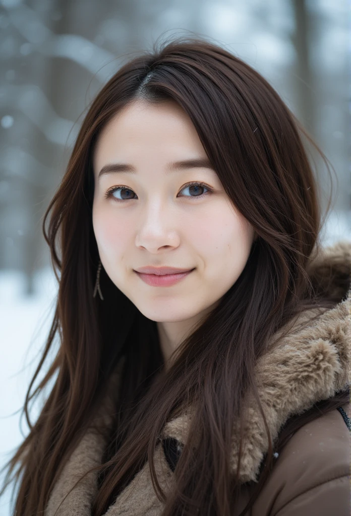 cinematic photo of an asian womanl, smile, snow, 35mm photograph, film, bokeh, professional, 4k, highly detailed