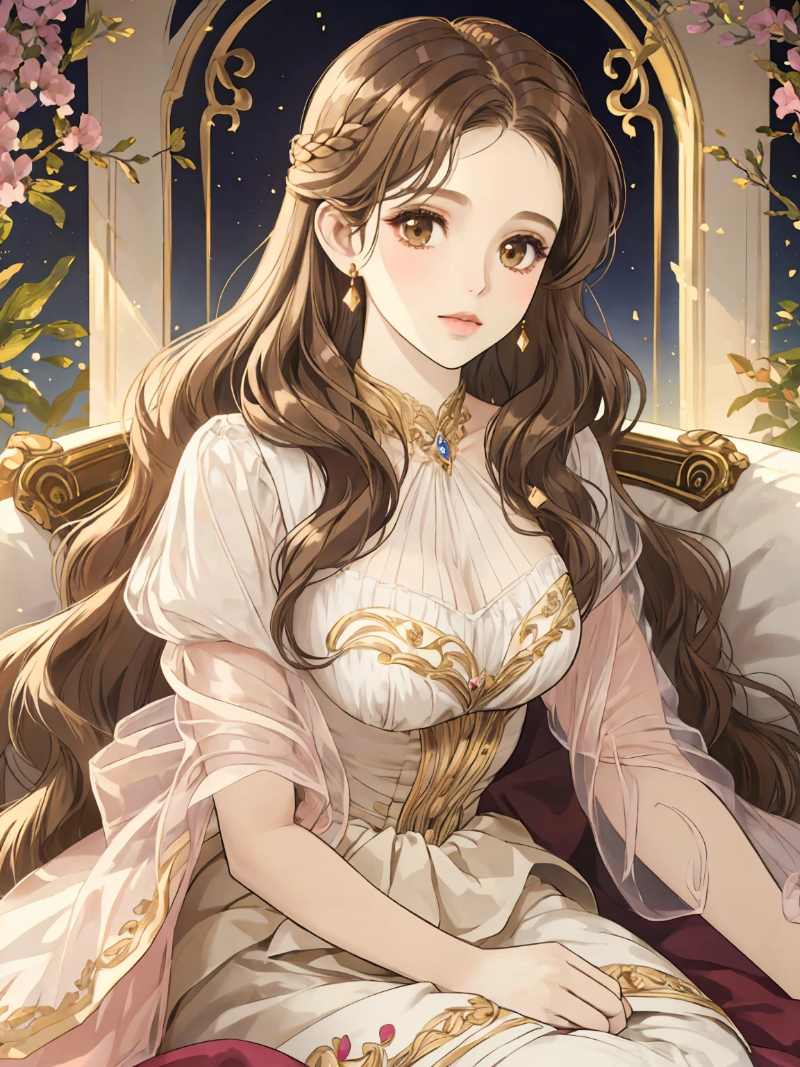 DETAILED, DENSE, MASTERPIECE, one girl, beautiful, wearing white cardigan, one girl lying on bed with blanket, brown hair, 22 years old, smooth skin, glowing skin, glowing hair, clear eyes, glowing eyes, brown eyes, soft lips, pale pink lips, (viewer Looking down: 0. 8) smiling slightly, cheeks stained, shy, mouth open, bangs, white sleeves, white clothing, one girl, soft skin, large breasts, glowing skin, cinematic lighting, rich lighting, room lighting, simple gold necklace, diamond necklace, white Lace bra, white lace panties, white lace underwear, high angle, low angle, (Masterpiece: 1.0), (Realistic: 1.6), (Soft Focus: 1.5)