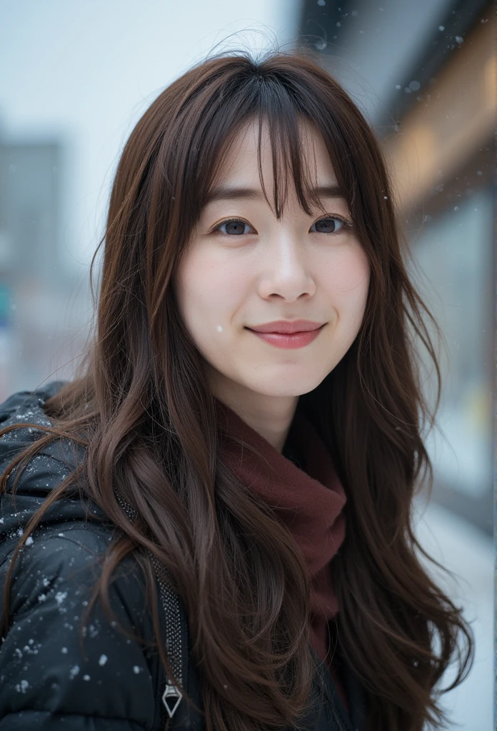 cinematic photo of an asian womanl, smile, snow, 35mm photograph, film, bokeh, professional, 4k, highly detailed