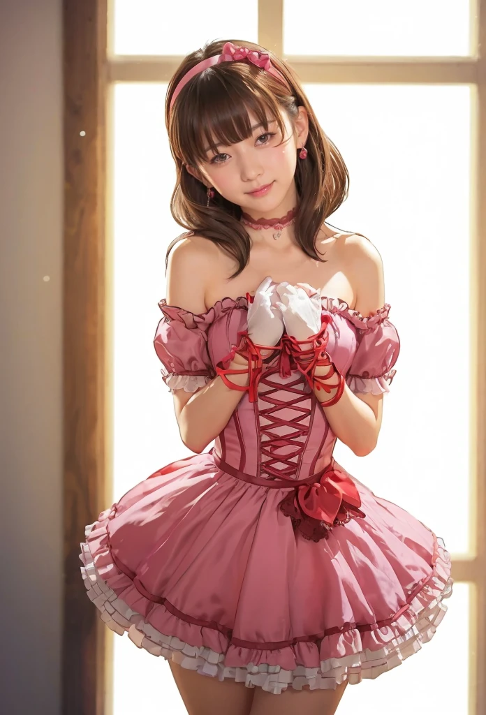 sakuma mayu,photorealistic,realistic,asian beauty,tall female,solo,pink dress,strapless,idolmaster cinderella girls,tareme,nsfw,cowboy shot,backlighting,short dress,heart corsage,frilled dress,hairband,heart ornaments,detached sleeves,short sleeves,bare shoulders,lace-trimmed choker,gloves,ribbon earrings,jewelry,blue eyes,cross-laced dress,bubble skirt,back bow,brown hair,indoors,shadow,sweat,head tilt, frilled dress,blush,embarrassed,smile,open mouth, blunt bangs,half closed eyes,