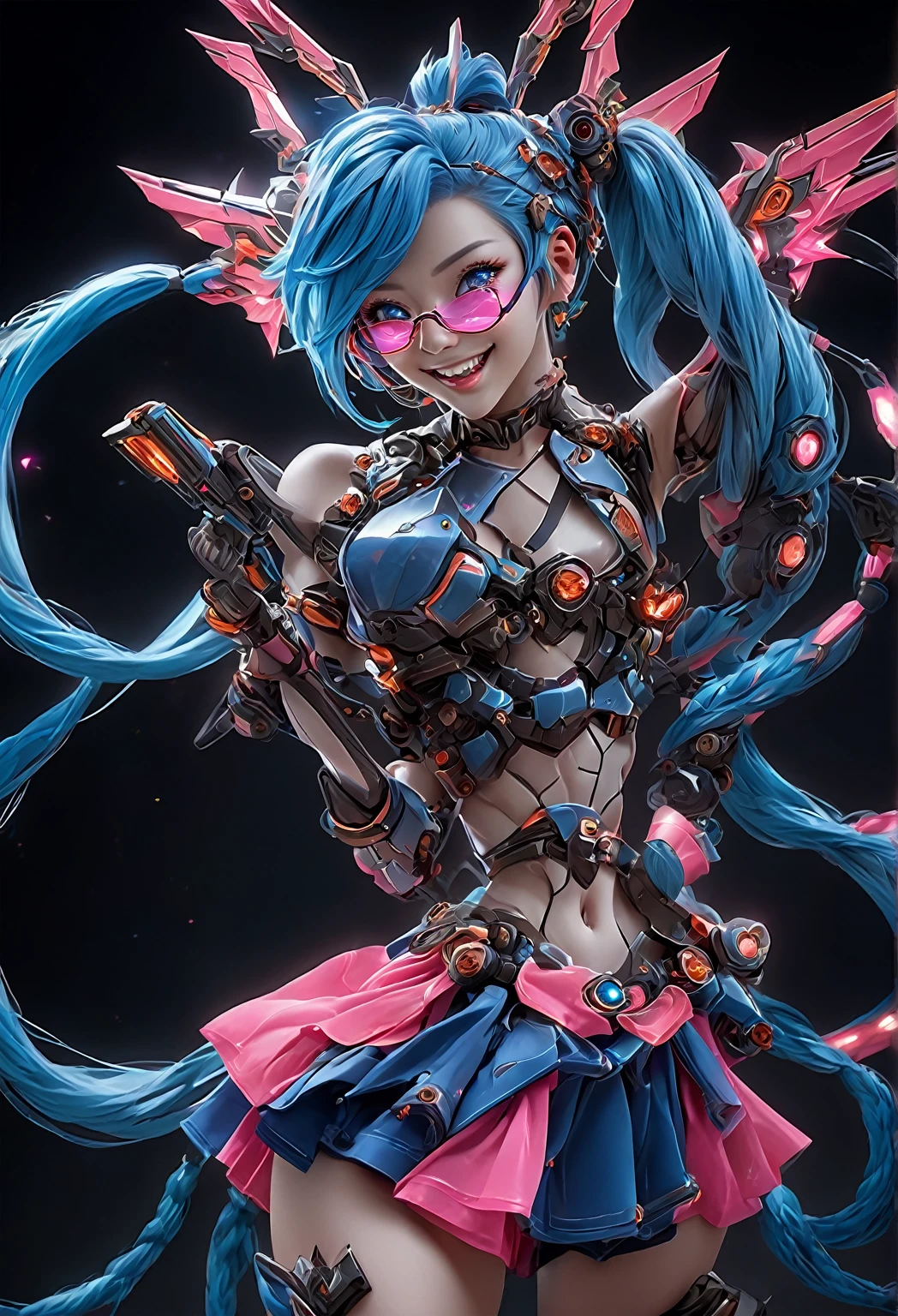 Jinx1024, game character design， 3D character rendering ，(((Vector illustration style)))，League of Legends Jinx，((1 ，( Double blue ponytail : 1.5)， blue braids ， red eyes ，big laugh， future warrior ，(Pink mechanical skirt: 1.3)，( A luminous magazine is tied to waist : 1.2)， Decorated with luminous lines and rivets ， With streamer effect or LED light embellishment ， Hand holding laser cannon 、 Ion cannon or pulse cannon ))，(( hair design ： Bright deep blue ， Add some shiny elements ， Futuristic equipment such as orange photoelectric glasses or head-mounted visor ))，(( expression design ： Add some bright lines or orange LED light effects to the face decoration，Create different facial expressions ，Highlight the image of  future warrior s))，( action design ：in motion、 When unleashing an ability or attack ， Add some special effects and animations ， Highlight the sense of future and combat )，(( Special effects design ： Add cool orange light effects 、 electromagnetic wave effect or virtual interface ， Enhance the visual impact of the skin )), (((standing， Metal heels : 1.8,  sparkles or orange LED light effect ))), ( full body photo of : 1.5)，azar (league of legends)，((starry background，Simple background)), MECHA-WINGS ,  art by mooncryptowow , (throw,  First-person view ,  colors like Ghibli , luminismo,  cinematic lighting, Ultra HD, masterpiece, Necessary,  armpits ,  textured skin ,  Super detail,  tall details,  porn movie , award winning clip ,  best quality , 16k)