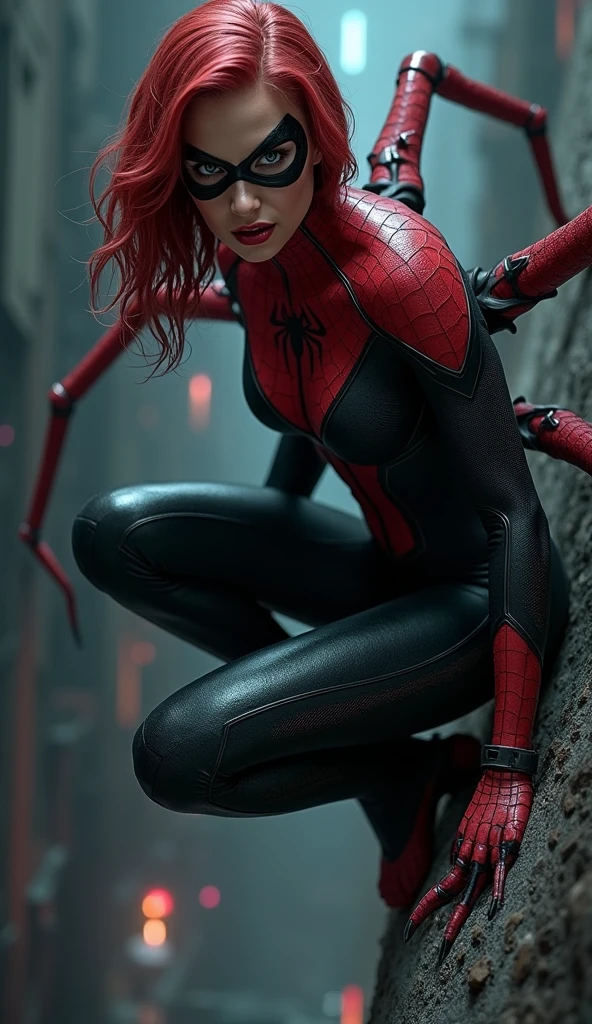 Photo of a dark female (spidewoman:1.2) In an abandoned building, Young, Angry, (intense black eye makeup:1.2), indoor, intricate background, detritos, (Photorealistic, primitive, extremly intricate:1.3), Cinematic light, Best shadow, (Evil:1.5), (Wide hips:1.1), Skinny, Blurry, Red lips, flirting to the camera, Redhead, Short hair, Leather pants, (Smiling:0.5), (long metal nails:1.4), Close up, (thongs:1.2), (red web in top:1.4), covered top