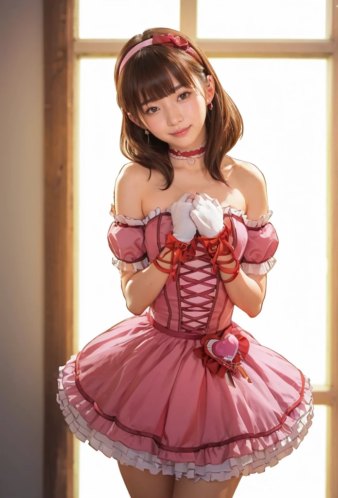 sakuma mayu,photorealistic,realistic,asian beauty,tall female,solo,pink dress,strapless,idolmaster cinderella girls,tareme,furrowed brows,nsfw,cowboy shot,backlighting,short dress,heart corsage,frilled dress,hairband,heart ornaments,detached sleeves,short sleeves,bare shoulders,lace-trimmed choker,gloves,ribbon earrings,jewelry,blue eyes,cross-laced dress,bubble skirt,back bow,brown hair,indoors,shadow,sweat,head tilt, frilled dress,blush,embarrassed,smile,open mouth, blunt bangs,half closed eyes,