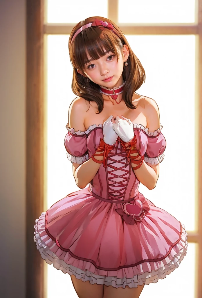 sakuma mayu,photorealistic,realistic,asian beauty,tall female,solo,pink dress,strapless,idolmaster cinderella girls,tareme,furrowed brows,nsfw,cowboy shot,backlighting,short dress,heart corsage,frilled dress,hairband,heart ornaments,detached sleeves,short sleeves,bare shoulders,lace-trimmed choker,gloves,ribbon earrings,jewelry,blue eyes,cross-laced dress,bubble skirt,back bow,brown hair,indoors,shadow,sweat,head tilt, frilled dress,blush,embarrassed,smile,open mouth, blunt bangs,half closed eyes,