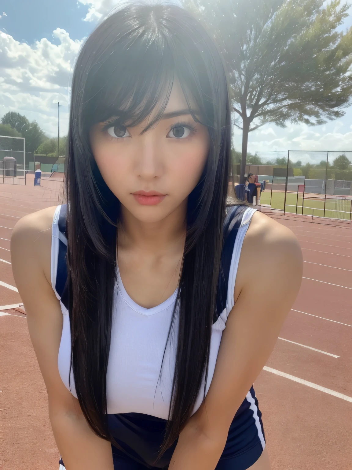 (highest quality:1.2, masterpiece:1.2), 8K, Professional Lighting, Cinematic Lighting, ultra realistic & detailed portrait of Kurihara Mari (Prison School), (black hair, parted bangs, extra long hair:1.2), (((ultra realistic track and field athlete uniform, ultra detailed track and field athlete outfits))), (detailed eyes, perfect eyes, fine eyes, clear eyes), ((((outdoors, ultra realistic exterior of playground at high school, ultra detailed exterior of playground at high school)))), (ultra huge breasts, ultra huge cleavages, ultra huge tits, ultra huge boob), (looking at viewer), cowboy shot, 