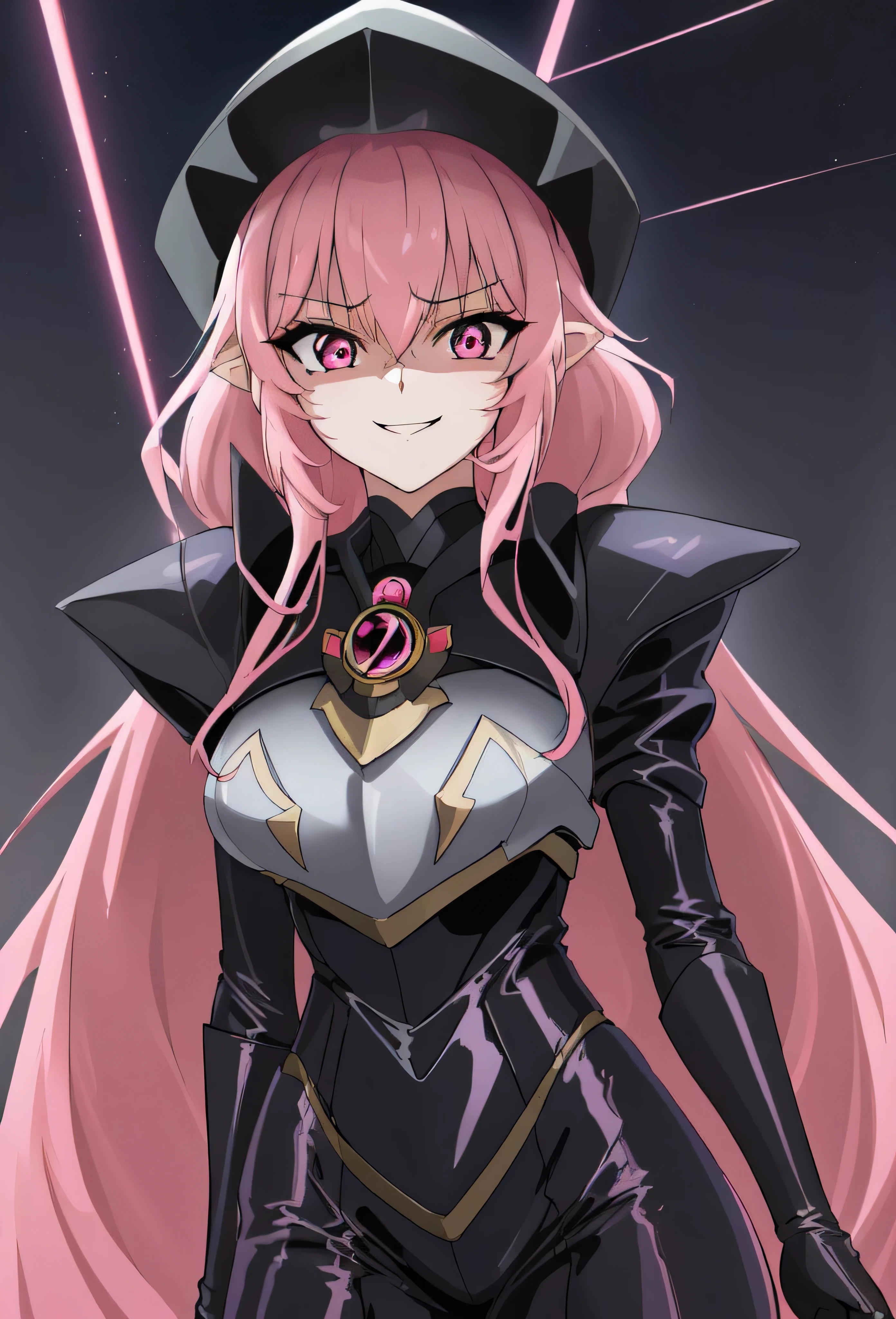high quality, extremely detailed, perfect face,  Nova, long pink hair, (black latex bodysuit), steel pauldrons, steel breastplate, long ears, evil smirk, evil laugh, medium breasts, (dark and stormy skies, lightning)(masterpiece:1.0),(Highest_quality:1.0), 超High resolution,4k,Super detailed, photo shoot, 8K, HDR, High resolution, disorganized:1.2, kodak portrait 400,raising a lightning,