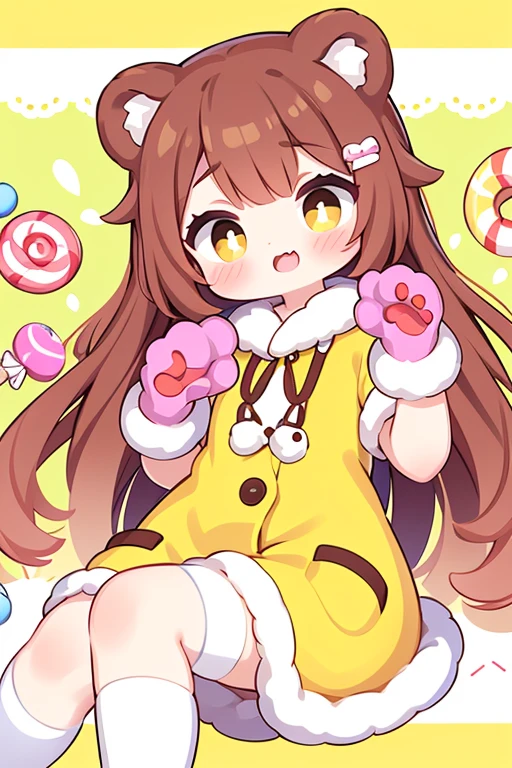 1girl, solo, sweet and cute character design, digital illustration in a yellow themed style, bear-eared girl with pastel Brown fur, oversized candy-shaped hair clips, sparkling big eyes with a sugary glint, a button nose, playful and cheerful expression, chocolate sweet hair with twists or curls, pastel yellow and white striped outfit resembling a candy wrapper, lollipop-shaped accessories, paw-shaped mittens or gloves with candy details, knee-high socks with candy patterns, whimsical and sugary background with floating cats, gumdrops, and fluffy clouds, capturing the delightful and sugary essence of a cute bear-eared girl in a candy wonderland.