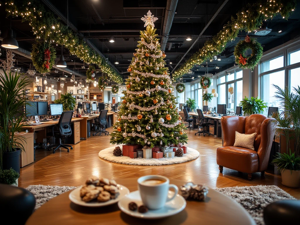 (Panoramic picture), (high expanse),wide-angle, (large office of an IT company, decorated for Christmas), with a large Christmas tree in the center, decorated with baubles in orange, white and silver, festive decorations such as garlands, wreaths, fairy lights, poinsettias and pine cones are scattered around the room, several workstations with laptops visible, in the foreground a cozy sitting area with comfortable armchairs, on the table is a plate with a selection of Christmas cookies, a simple white cup with steaming coffee, warm and festive atmosphere, very detailed and realistic, format 1024x1080, 300 DPI