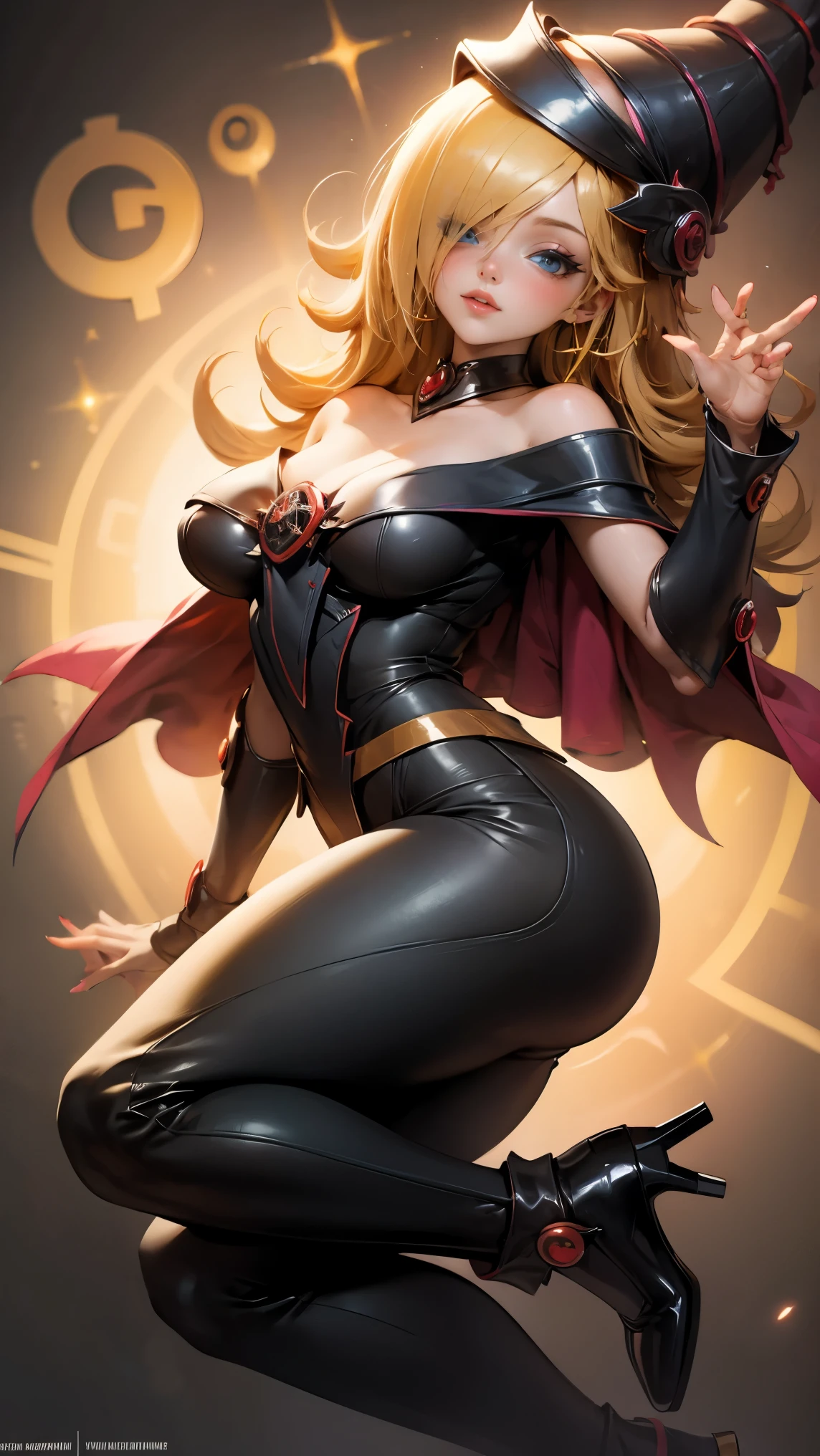 (best quality). (Ultra Detalhado). (1girl), Olhando para o Viewer. (Antecedentes detalhados). belos olhos detalhados. rosto delicado e bonito. (high saturation), seios grandes, droopy breasts, sexy Scarlet Witch costume, full body, long legs, black stockings, big breasts, tiara on a head