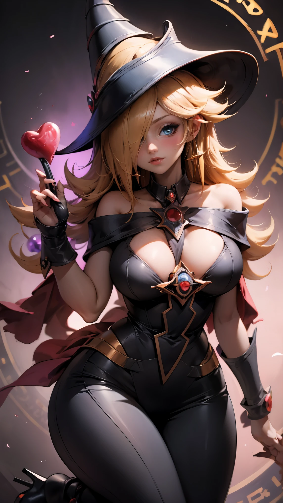 (Masterpiece:1.2), (The best quality:1.2), perfect lighting, Dark Magician Girl casting a spell, in battle. floating in the air, visible medium tits, transparent neckline, blue robe, big hat, From above, sparkles, Yugioh game, The magic of the heart. LIGHTS OF THE HEART, romantic heart. She wears gold heels. In heels. heels