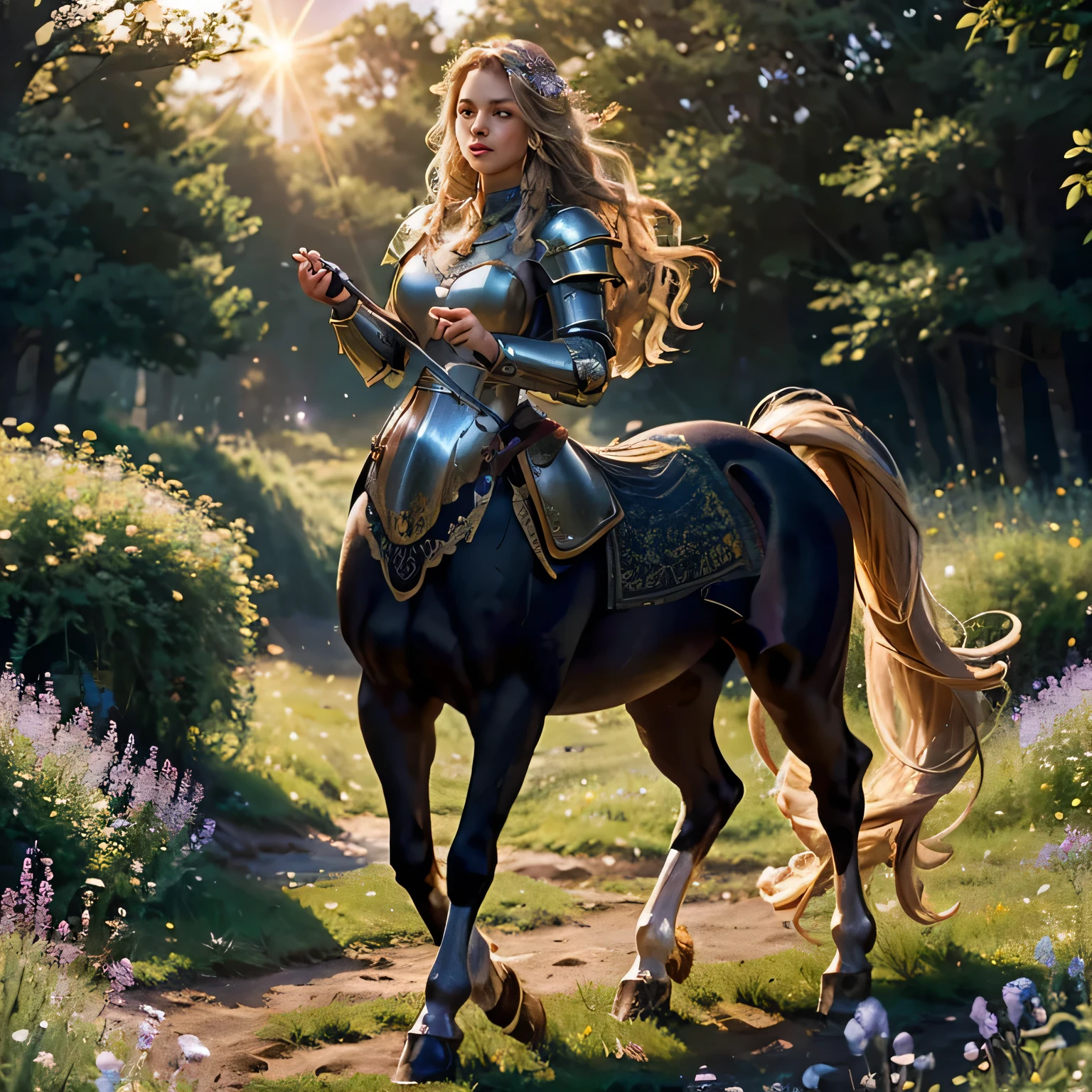 a majestic centaur girl,long wavy hair,shining medieval armor,field of flowers,dawn,golden light,detailed face and features,1girl,intricate details,cinematic lighting,photorealistic,masterpiece,(best quality,8k,extremely detailed,ultra-detailed),(realistic:1.4),(fantasy,magical,enchanting,dramatic)