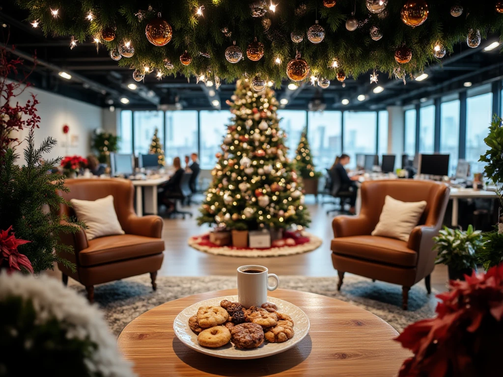 A fully sharp and highly detailed image, with all areas in focus, no depth blur, every element crisp and clear, (Panoramic picture), (high expanse),wide-angle, (large office of an IT company, decorated for Christmas), with a large Christmas tree in the center, decorated with baubles in orange, white and silver, festive decorations such as garlands, wreaths, fairy lights, poinsettias and pine cones are scattered around the room, several workstations with laptops visible, in the foreground a cozy sitting area with comfortable armchairs, on the table is a plate with a selection of Christmas cookies, a simple white cup with steaming coffee, warm and festive atmosphere, very detailed and realistic, format 1024x1080, 300 DPI