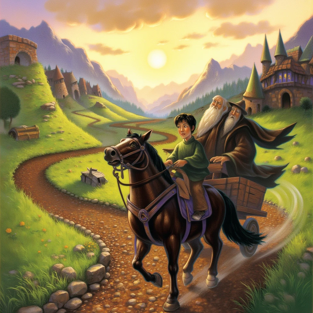 mrygp, Gandalf and Frodo ride together in a small wooden cart, trundling down a winding dirt road surrounded by lush green hills and distant mountains. Gandalf holds the reins, guiding the gentle horse as he chats with Frodo, who sits beside him, looking both curious and a bit anxious. The sun is low in the sky, casting a warm, golden light over the peaceful countryside, while a light breeze rustles through the grass and wildflowers along the path. Gandalf’s hat is slightly tilted, and he has a calm, knowing smile as he speaks, offering Frodo words of wisdom and reassurance. Frodo listens carefully, his hand resting on a small pouch where the One Ring is hidden, as they journey onward into the unknown. The scene is filled with a sense of quiet adventure and camaraderie, a peaceful moment before the challenges ahead.