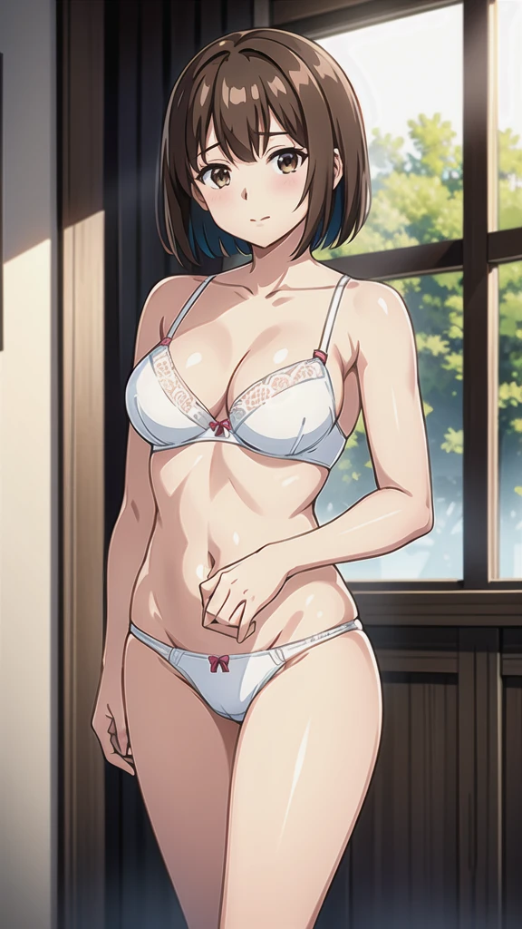 highest quality, masterpiece, High resolution, ((alone)), {Hiei_Kantai Collection:1.15}, ((Perfect hands, Perfect Legs, Perfect Anatomy)), ((オレンジ色hair)), hairband, headgear, Non-traditional_Miko, smile, blush, green_eye, Inverted up_hair, (One Girl), Dependent_sleeve, Office Background, (panties), (bra), (Flashy underwear), lingerie