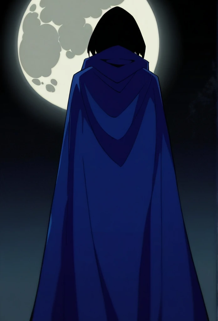 1girl, solo, raven (dc), blue cape covering whole body, long blue cape, cape touches the ground, standing, moon, night, hood covered head, from behind, form below, High Resolution, Best Quality, Masterpiece, 