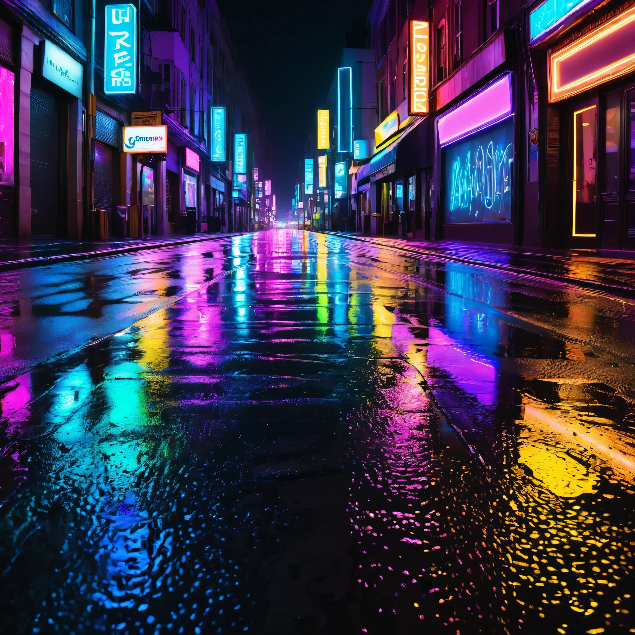 8k, photo, neon street at night, iridescent wet road, ultra detailed, masterpiece
