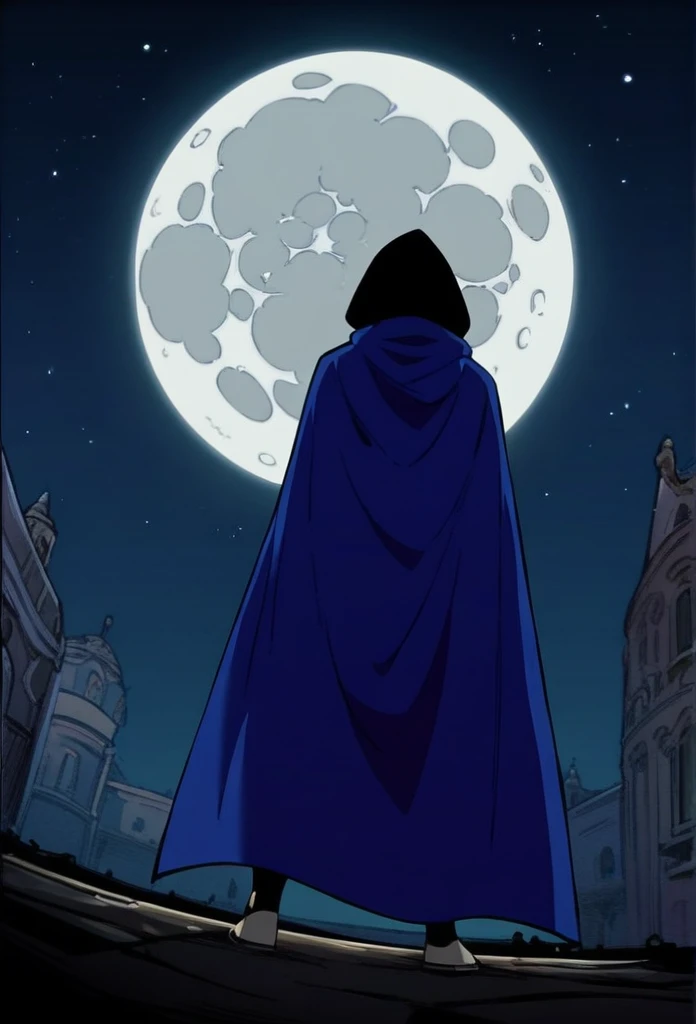 1girl, solo, raven (dc), blue cape covering whole body, long blue cape, cape on the ground, ground, standing, moon, night, hood covered head, from behind, form below, High Resolution, Best Quality, Masterpiece, 