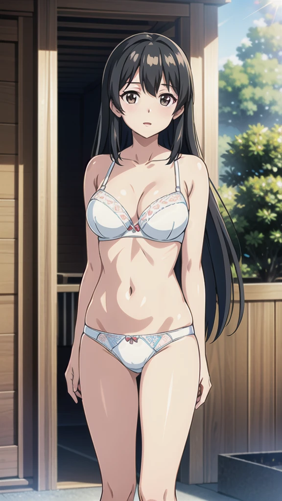(masterpiece), (best quality), (ultra-detailed), (extremely detailed cg), (a extremely delicate), (perfect lighting), (8k), (dynamic angle), (sharp image), vibrant colors, female, masterpiece, best quality, depth of field, cinematic lighting, masterpiece, best quality, ultra-detailed, colorful, vibrant, large breasts, thighs, mature female, solo, (masterpiece, best quality, high resolution, animescreencap, anime colored,), (perfect anatomy, beautiful detailed eyes, beautiful detailed body, beautiful breast, shiny skin), the sexy anime girl wearing sexy lingerie,rikka takarada(SSSS. gridman), 1girl, medium hair, black hair, side bangs, blue eyes, medium breasts,thick thighs, ((sweaty body)) , ((wet skin)) ,very wet skin, shy expression, blushing, dynamic pose,((sweaty armpits)), (topless,white string panties:1.5), looking at viewer, looking down below, (arms behind head), show both armpits, outdoors, blue skies, clouds, sun, sunlight, topless, pink nipples, plump breast