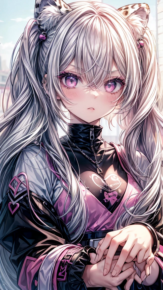 Silver hair, pink eyes, body, cat ears, adult girl, earrings, flower sky background, pink gold shorts, pink blouse, hair bows, hair jewelry,happy face, thigh up