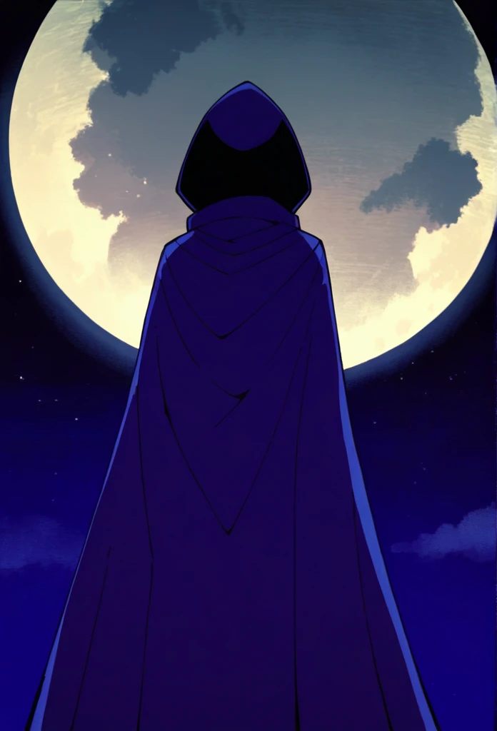 1girl, solo, raven (dc), blue cape covering whole body, long blue cape, cape on the ground, standing, moon, night, hood covered head, from behind, form below, High Resolution, Best Quality, Masterpiece, 