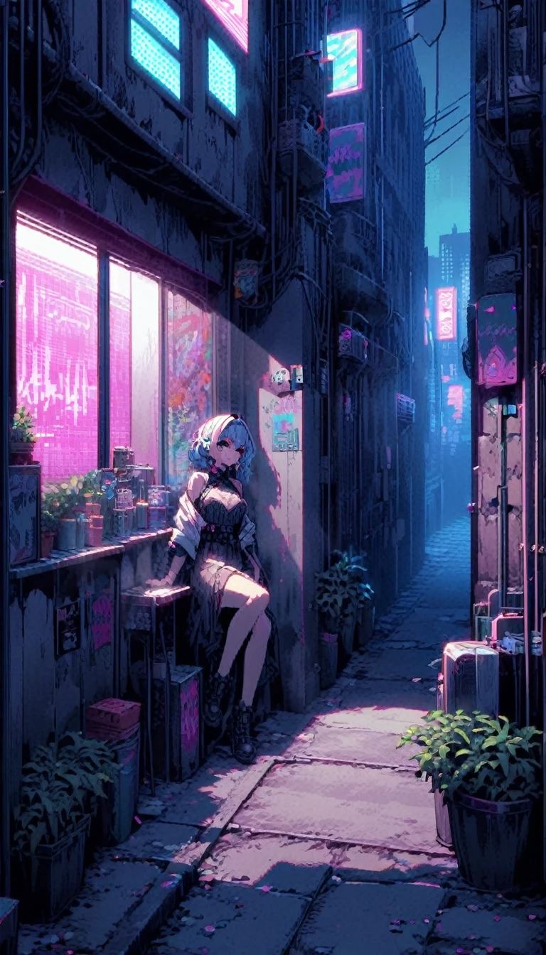 score_9, score_8_up, score_7_up, score_6_up, masterpiece, high quality, best quality, pixel art, 1girl, sitting by the window, back alley, neon light, night street, wide shot, neon light illuminates the room