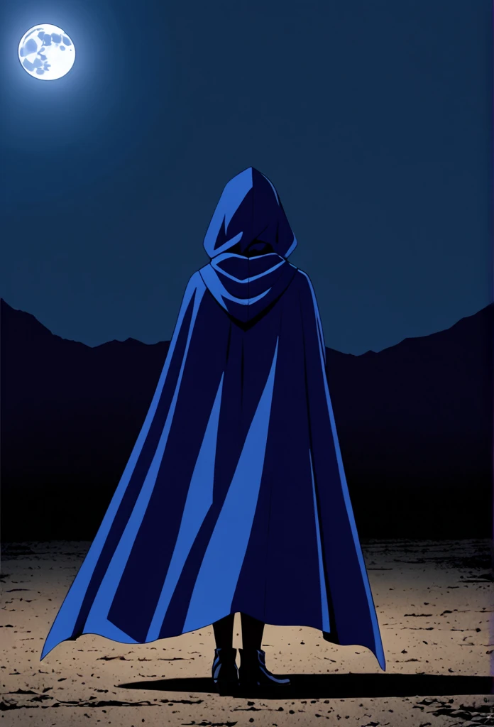 1girl, solo, raven (dc), blue cape covering whole body, long blue cape, cape on the ground, ground, standing, moon, night, hood covered head, from behind, form below, High Resolution, Best Quality, Masterpiece, 