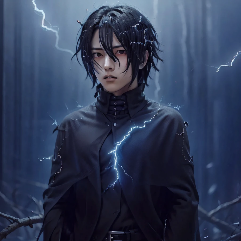 Sasuke uciha, 1boy, grey shirt, black cloak, black hair, red eyes, lightning backround