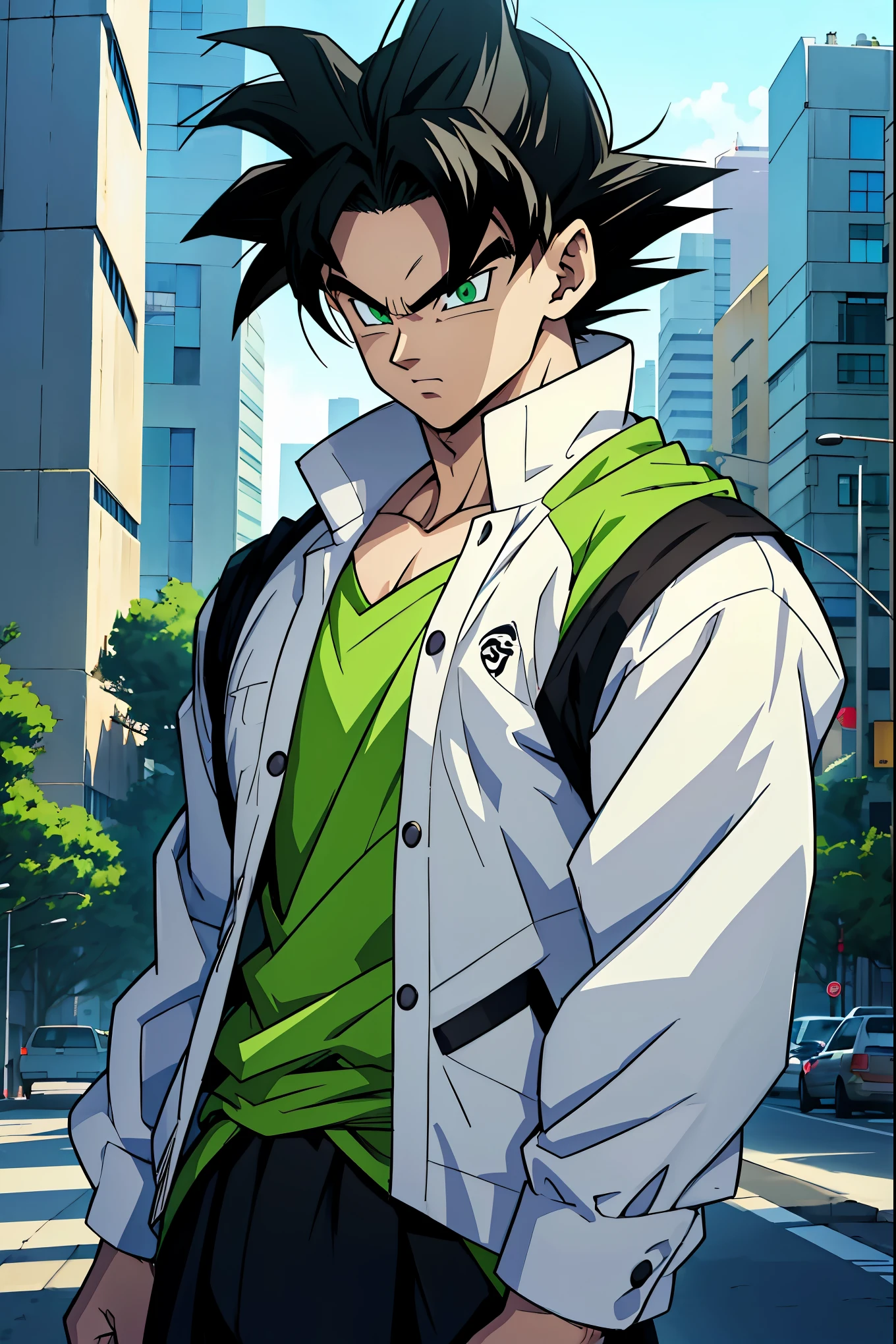 ((arte estilo anime)), , He is a 16 old teenager, very white skin, He has slightly disheveled black hair , light green eyes, , muscular body , anime art style Dragon Ball , sexy face, He is dressed in the anime male clothes , , 8k, high quality, masterpiece, in the middle of the city , shining green eyes