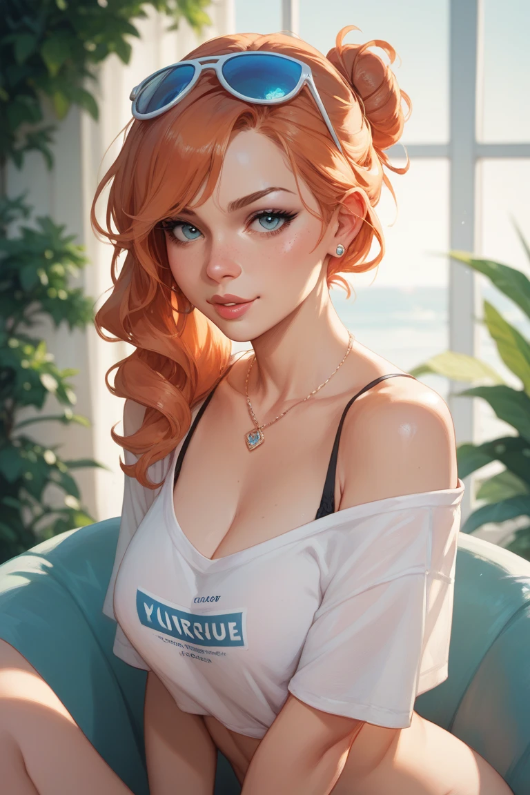 ((masterpiece, best quality)), a woman in a t shirt , high view angle,