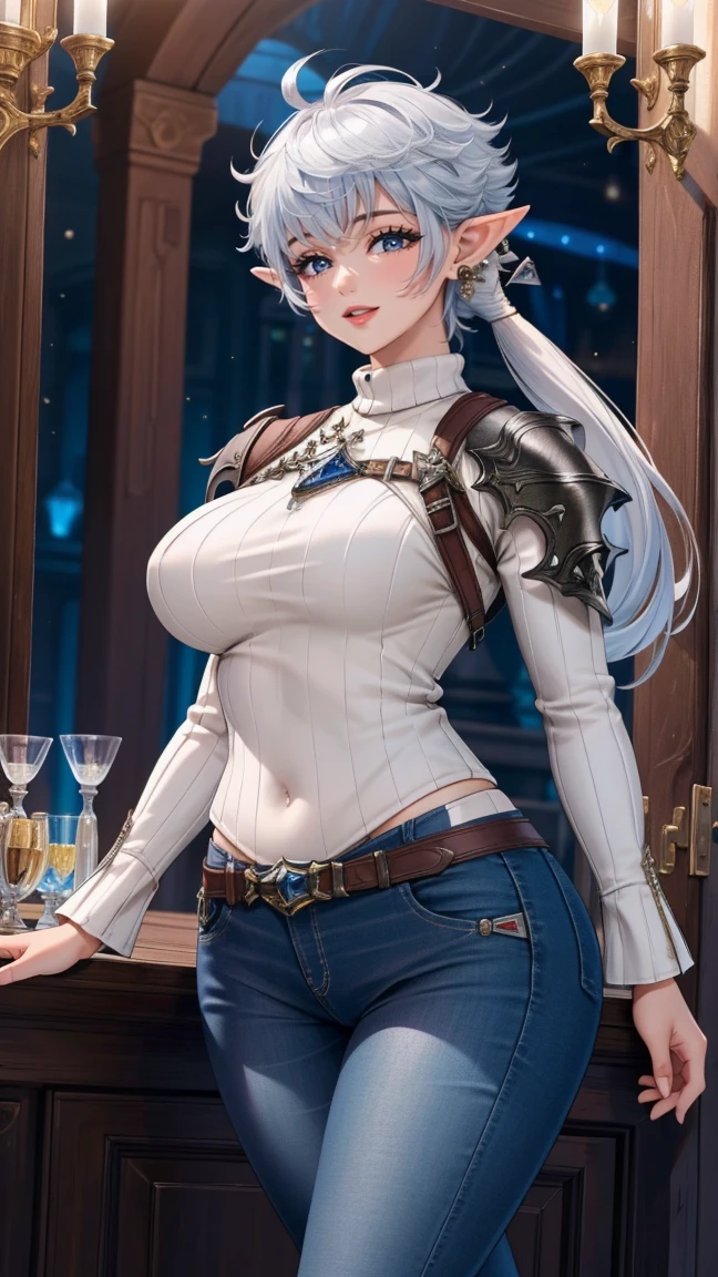 (masterpiece:1.2, best quality), (intricate details), alisaie, (alisaie leveilleur (final fantasy)), 1girl, elf ears, denim pants, sweater, realism, Detailed, intricate, sharp focus, Ultra-detailed, detailed pupils, puffy lips, skindentation, (intricate detail), (Soft Lighting), Charming smile, white hair, aged up, older, (mature), (large breasts), nice hips, wide thighs, (hourglass figure), adult, long hair, (milf),