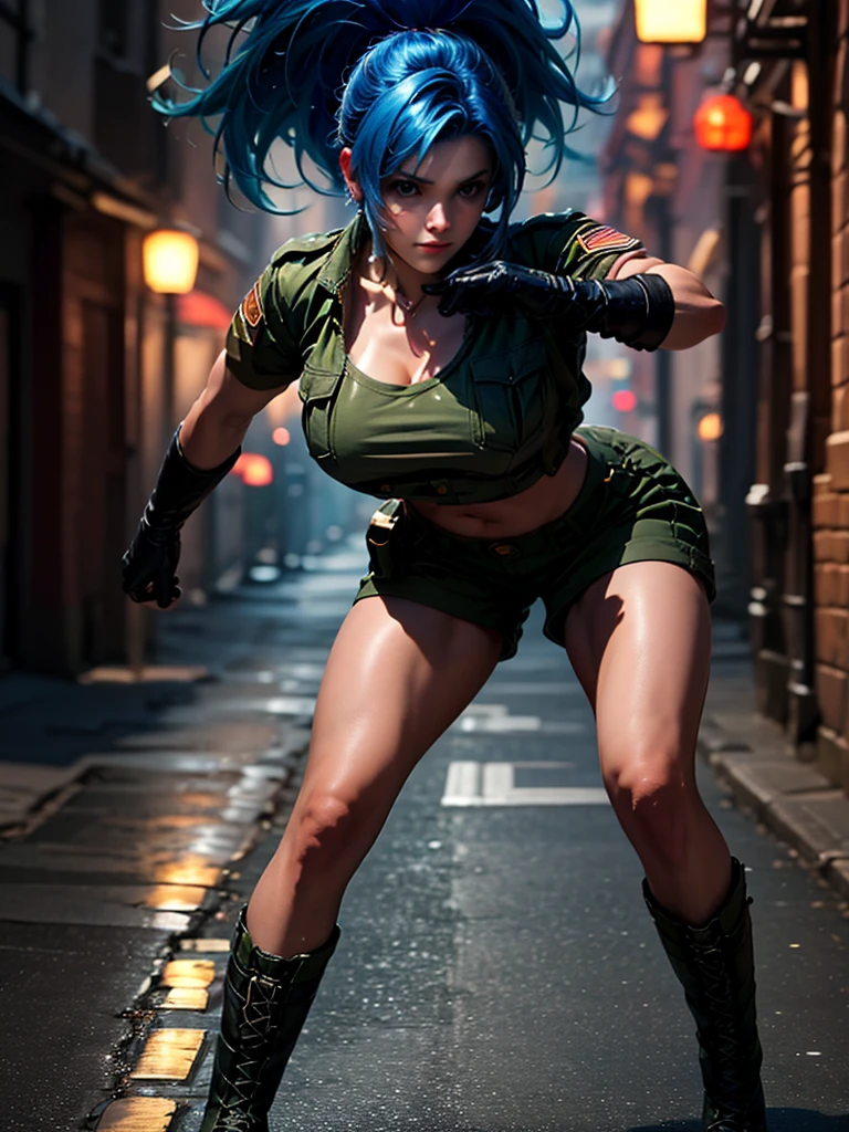 (at night), alone, in a video game scene a background of a beautiful city during the day raining, standing at attention, blue hair, 1 girl, alone, 30 years old, young woman, wears military clothing, military shorts, military boots , military gloves, perfect hands, beautiful and perfect fingers, beautiful legs, perfect legs, beautiful body, beautiful nose, beautiful character design, perfect face, look at the viewer with a serious gesture and in an attack position (focusing on his face) , closed mouth, Light_Smile, official art, extremely detailed CG unity 8k wallpaper, perfect lighting, bright and colorful front lighting, glowing skin (masterpiece: 1.0), (best_quality: 1.0), ultra high resolution, 4K, ultra photography detailed, 8K, HDR, high resolution, nonsense: 1.2, Kodak portra 400, film grain, blurred background, bokeh: 1.2, lens flare, (vibrant_color: 1.2), professional photography, (beautiful_face: 1.5), (narrow waist ),
