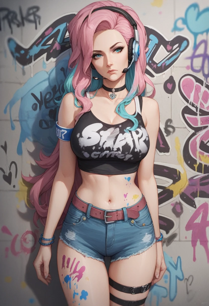 bottom, In boho chic style, in a coffee, Ice cream print, multicoloured neon lights, neon garlands, Lavender Mint Pink Hair, mixed language_SMS, Japanese graffiti, (bottom hermoso y claro:1.2),, fantastic paintings ,graffiti style, very detailed eyes , underwear, cord, latex, blonde girl, cat print, tattoo, Loving You, amar, cabello ultra detailed, masterpiece, Best Quality, high quality, High resolution, Details improvement, ((most beautiful image in the world)), masterpiece, Best Quality, high quality, High resolution, Details improvement, ((most beautiful image ), Bright pink ombre hair, Stampa Flores ultra-short fitted, Rollers,  mesh stockings, denim shorts,  art by stjepan sejic, arte de j scott campbell, art by guillem march, Art by Citemer Liu, 4k, High resolution, comic character, comic, high quality detailed,   style of ::2.0 style of ilustración comix,style of tattoo, high quality, High resolution, Details improvement, 8k, High Definition, Best Quality, high quality, High resolution, Details improvement, 8k, High DefinitionR, sharp focus, ultra detailed, perfect lighting, Curvy body, Lush breasts, curvy hips