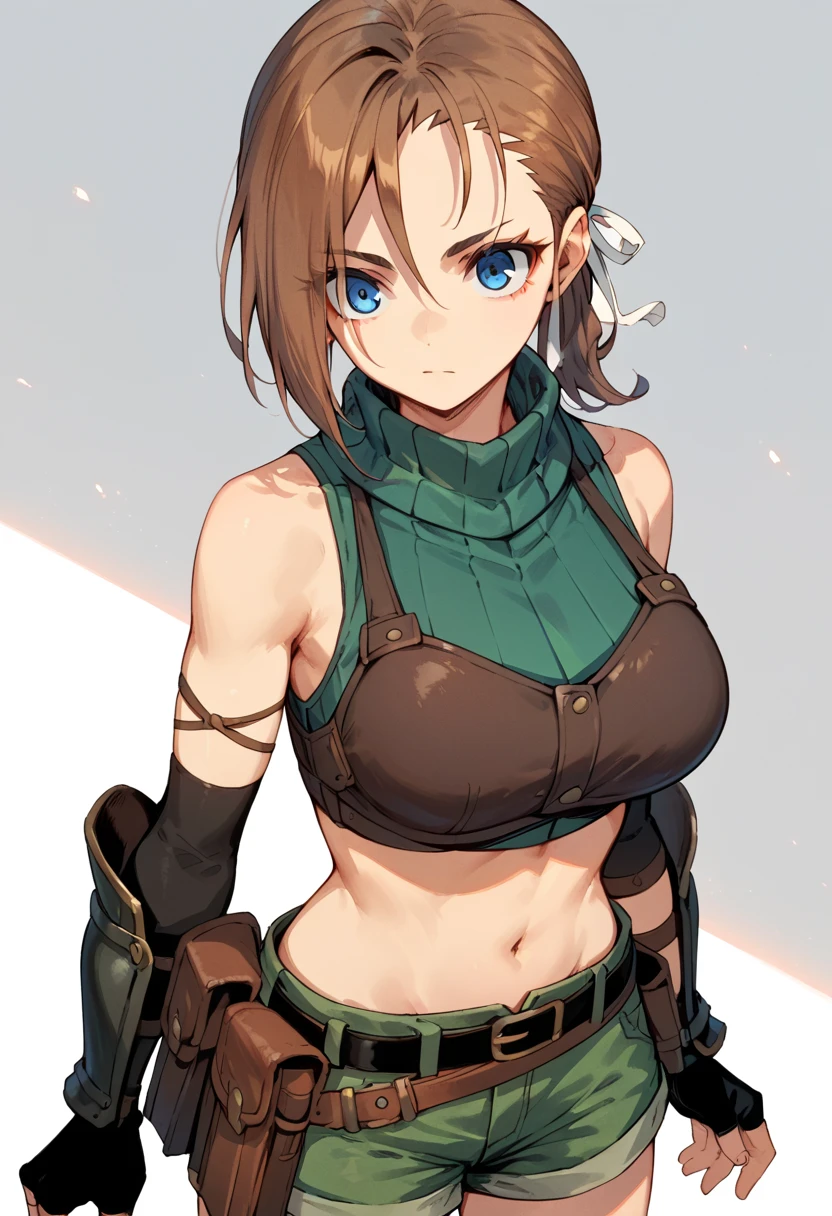 RhudaRunebeck
long hair, asymmetrical bangs, brown hair, blue eyes, low ponytail, short ponytail, white ribbon
turtleneck, sleeveless, ribbed shirt, green shirt, crop top, breastplate, navel, elbow gloves, fingerless gloves, black gloves, arm guards, black belt, belt pouch, short shorts, green shorts