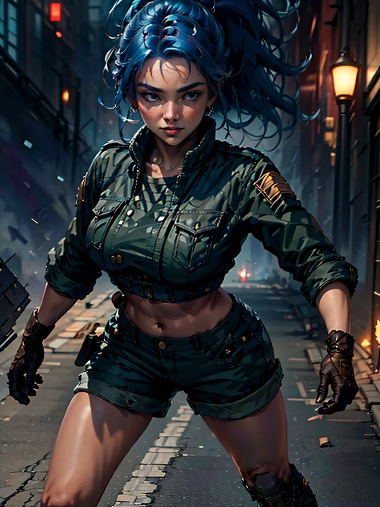 (at night), alone, in a video game scene a background of a beautiful city during the day raining, standing at attention, blue hair, 1 girl, alone, 30 years old, young woman, wears military clothing, military shorts, military boots , military gloves, perfect hands, beautiful and perfect fingers, beautiful legs, perfect legs, beautiful body, beautiful nose, beautiful character design, perfect face, look at the viewer with a serious gesture and in an attack position (focusing on his face) , closed mouth, Light_Smile, official art, extremely detailed CG unity 8k wallpaper, perfect lighting, bright and colorful front lighting, glowing skin (masterpiece: 1.0), (best_quality: 1.0), ultra high resolution, 4K, ultra photography detailed, 8K, HDR, high resolution, nonsense: 1.2, Kodak portra 400, film grain, blurred background, bokeh: 1.2, lens flare, (vibrant_color: 1.2), professional photography, (beautiful_face: 1.5), (narrow waist ),
