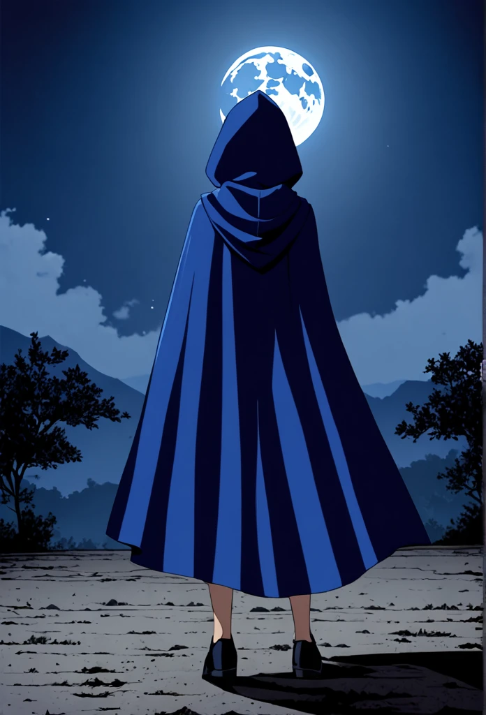 1girl, solo, raven (dc), blue cape covering whole body, long blue cape, cape on the ground, ground, standing, moon, night, hood covered head, from behind, form below, High Resolution, Best Quality, Masterpiece, 