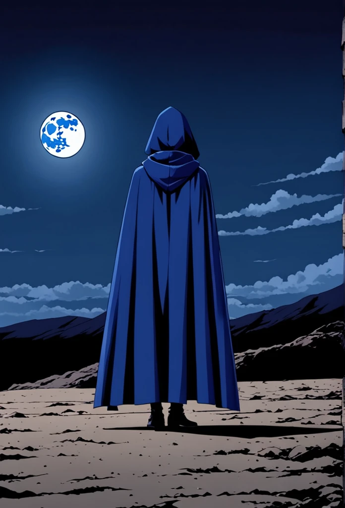 1girl, solo, raven (dc), blue cape covering whole body, long blue cape, cape on the ground, ground, standing, moon, night, hood covered head, from behind, form below, High Resolution, Best Quality, Masterpiece, 