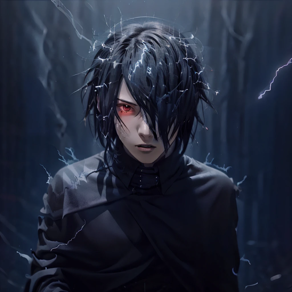 Sasuke uciha, 1boy, grey shirt, black cloak, black hair, red eyes, lightning backround