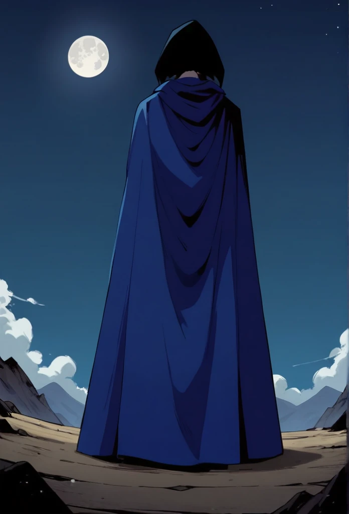 1girl, solo, raven (dc), blue cape covering whole body, long blue cape, cape on the ground, ground, standing, moon, night, hood covered head, from behind, form below, High Resolution, Best Quality, Masterpiece, 